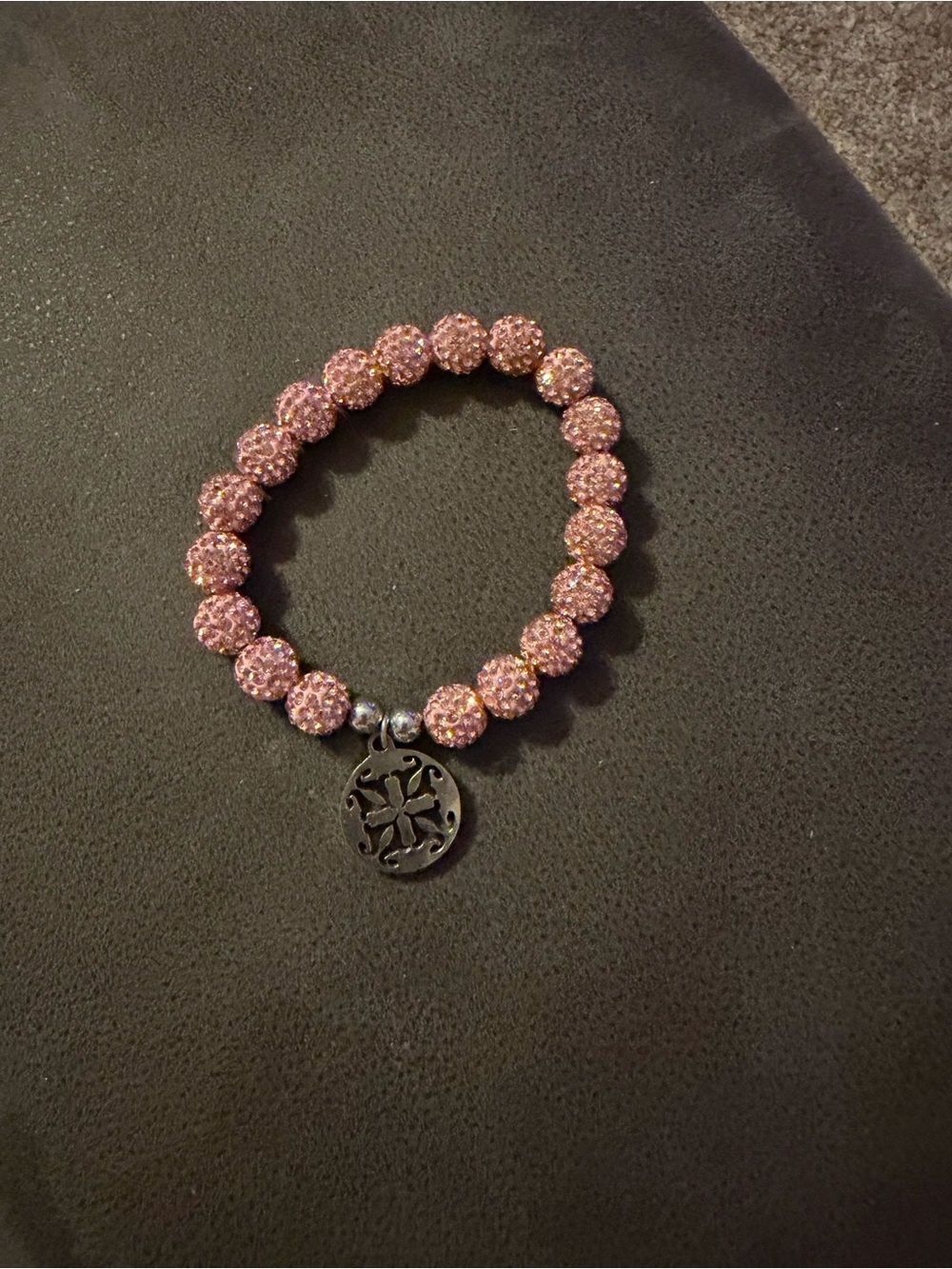 Rustic Cuff Pink Crystal Pave Bead Bracelet with Silver Charm